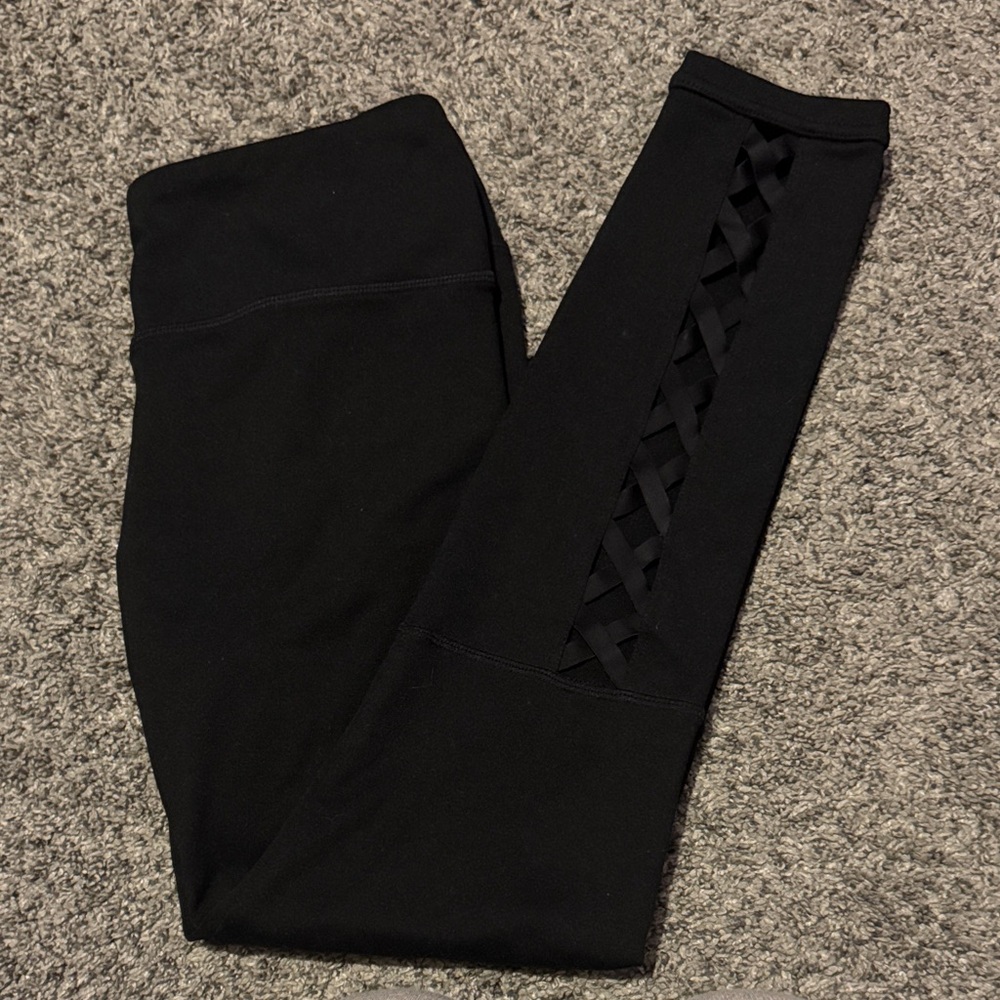 Fabletics Black Leggings with Lattice Detail
